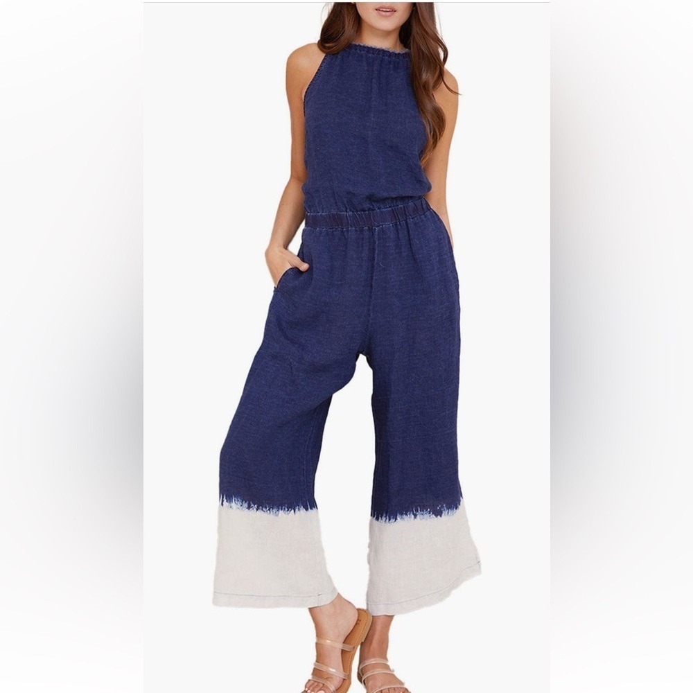 Bella Dahl Beach Dip Wide Leg Linen Jumpsuit Halter‎ M Coastal Summer Resortwear